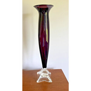 Signed Willsea O'Brien 20" Purple Amethyst Hand Blown Art Glass Trumpet Vase